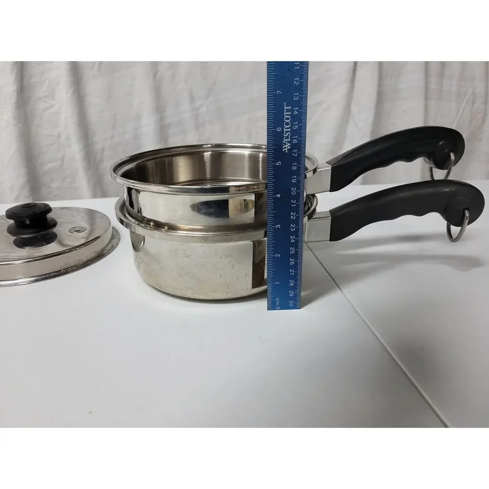🍲Vintage Saladmaster 3 Pc Multi-Ply Stainless Fry Pot Steamer Double Boiler Lid
